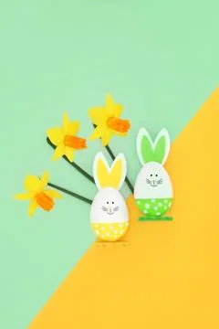 Easter Bunny Eggs Abstract and Narcissus Flowers Stock Illustration