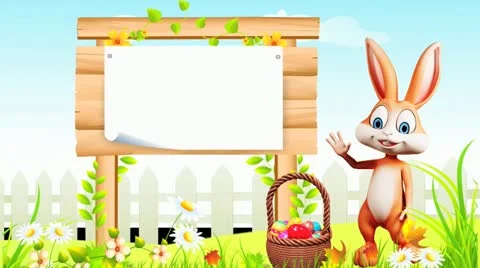 Easter Bunny with a eggs basket and wooden sign Stock Footage 21990739
