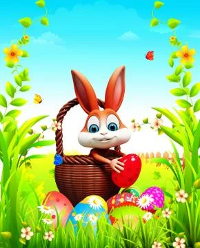 Easter bunny with eggs basket Illustrazione stock