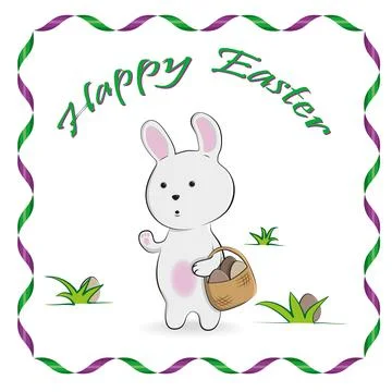 Easter bunny with eggs in a basket. Vector illustration. 库存插图