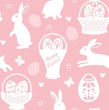 Easter bunny eggs pink seamless pattern. Basket with eggs. Vector illustration. Stock Illustration