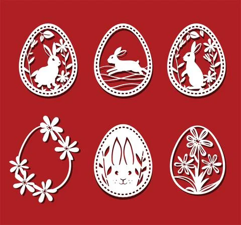 Easter bunny, eggs set. White fkirak eggs for laser cutting on red background Stock Illustration