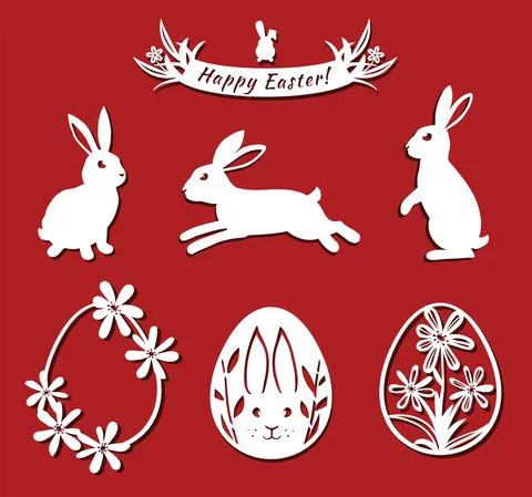 Easter bunny, eggs set. White fkirak eggs for laser cutting on red background Stock Illustration