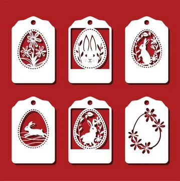 Easter bunny into eggs Tag set. White ornamental eggs for laser cutting on red Stock Illustration