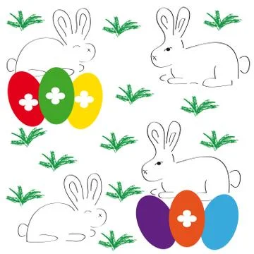 Easter bunny with eggs on white background Stock Illustration