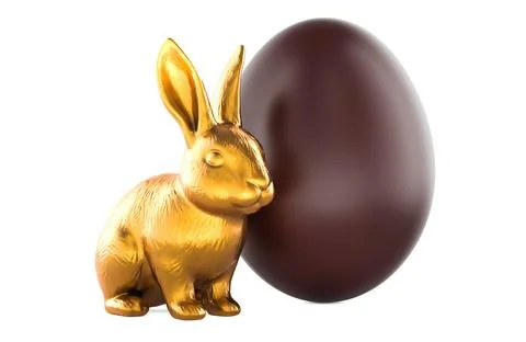 Easter bunny figurine with chocolate egg. 3D rendering Stock Illustration
