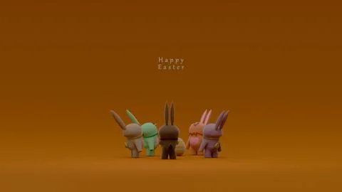 Easter Bunny Figurines in a Circle with a Decorated Egg on a Brown Background 스톡 일러스트