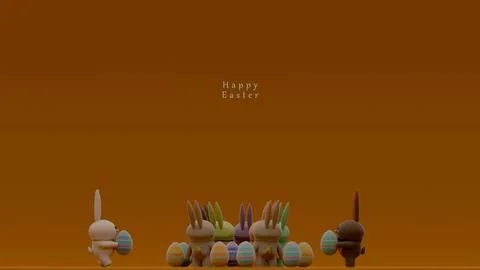 Easter Bunny Figurines in a Circle with a Decorated Egg on a Brown Background Stock Illustration