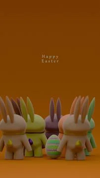 Easter Bunny Figurines in a Circle with a Decorated Egg on a Brown Background イラスト素材