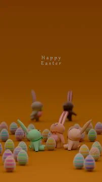 Easter Bunny Figurines Surrounded by Decorated Eggs on a Brown Background w.. Illustrazione stock