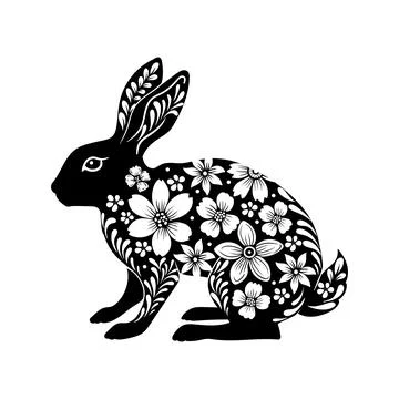 Easter bunny with floral pattern. Rabbit Paper Cut on white background Stock Illustration