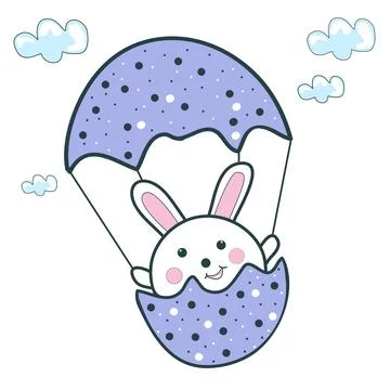 The Easter bunny is flying in a ballon made of eggshell Stock Illustration