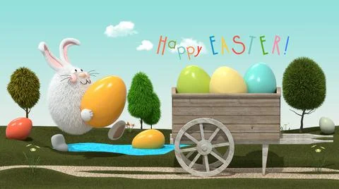 Easter Bunny Gathers Easter Eggs from the Lawn into a Cart Stock Illustration