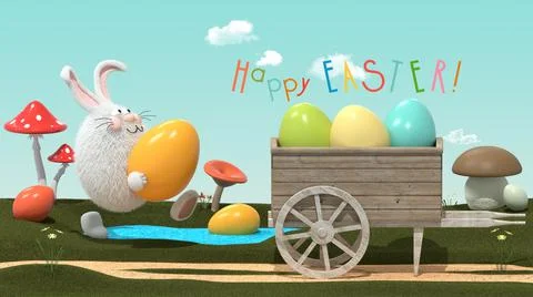 Easter Bunny Gathers Easter Eggs from the Lawn into a Cart Stock Illustration