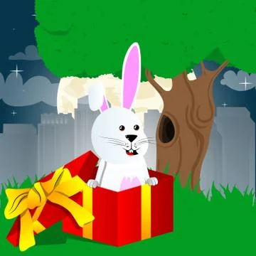 Easter bunny in a gift box. Vector cartoon character illustration. Illustrazione stock