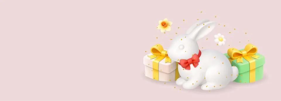 Easter bunny with gift boxes and flowers. 3D realistic spring holiday banner Illustrazione stock