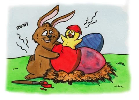 Easter bunny giving a hatching chick reiki Stock Illustration