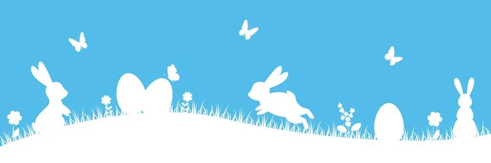 Easter bunny in grass. Easter eggs hunt. Cute holiday banner, greeting card.. Stock Illustration
