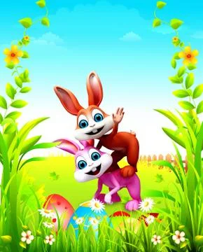 Easter bunny on the grass with eggs Illustrazione stock