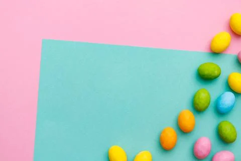Easter bunny. Happy Easter holiday background concept.Flat lay colorful bun.. Stock Photos