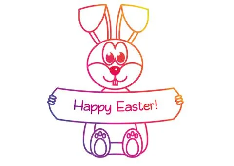 Easter bunny with Happy Easter sign, colorful outline on white background Stock Illustration
