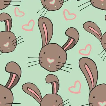 Easter bunny head seamless pattern, green background Stock Illustration