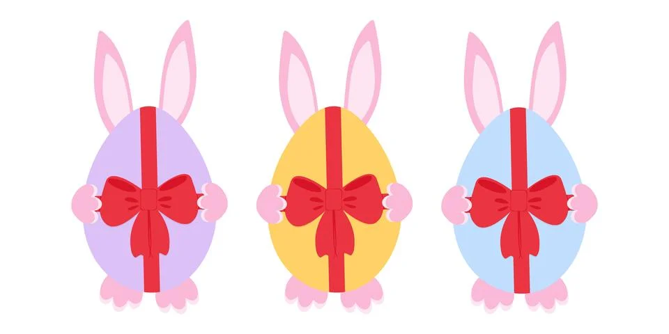 Easter Bunny hiding behind Easter Egg with red tied ribbon bow Easter greeting イラスト素材