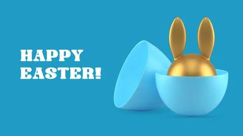 Easter bunny hiding half chicken egg happy holiday greeting banner design t.. 스톡 일러스트