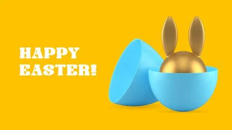 Easter bunny hiding half painted chicken egg happy holiday greeting banner .. 스톡 일러스트