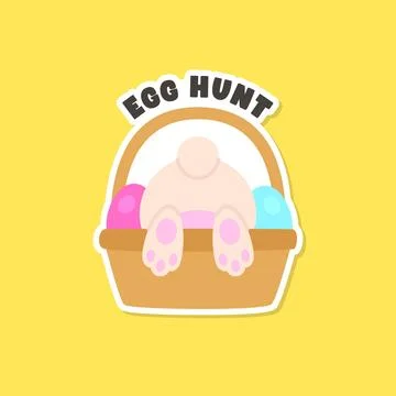 Easter Bunny Hiding Inside Basket with Colorful Eggs and Egg Hunt Text Illustrazione stock
