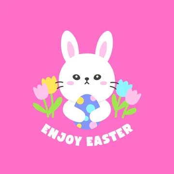 Easter Bunny Holding a Decorated Egg with Flowers and Enjoy Easter Text Stock-Illustration