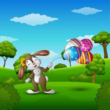 Easter bunny holding easter eggs balloons in the park Stock Illustration