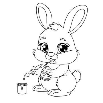 Easter Bunny holding egg and brush. There is a can of paint next to it Stock Illustration