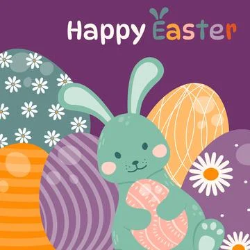 Easter bunny holds an Easter egg in his paws against a background of decora.. Stock Illustration