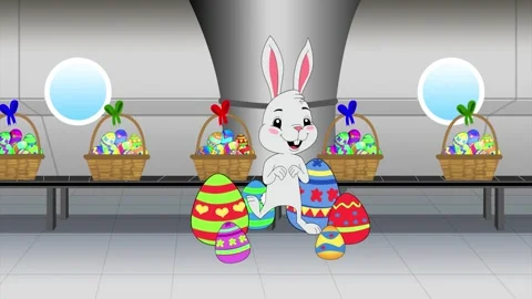 Easter Bunny hops around colored eggs with Easter baskets on conveyor belt Stock Footage 268762769