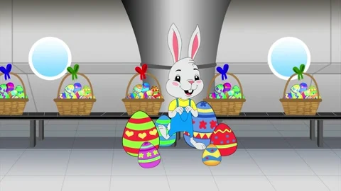 Easter Bunny hops in front of colored eggs with Easter baskets in a factory Stock Footage 268762298