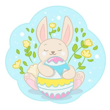 Easter bunny hugs easter egg in yellow flower. Rabbit in cartoon style Stockillustratie