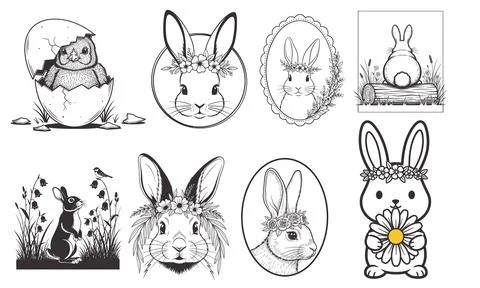 Easter bunny illustration set rabbit floral egg line art spring design Stock Illustration