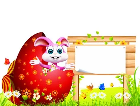 Easter Bunny inside big red egg with wooden sign Illustrazione stock