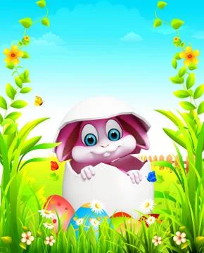 Easter bunny inside big white egg Stock Illustration