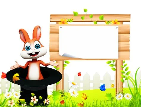 Easter bunny inside black cap with wooden sign Illustrazione stock