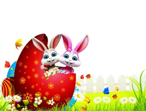 Easter bunny inside red color egg on green grass Illustrazione stock