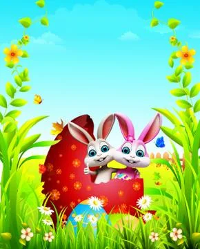 Easter bunny inside red color egg Stock Illustration