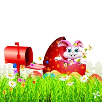 Easter bunny inside red egg near letter box Stock Illustration