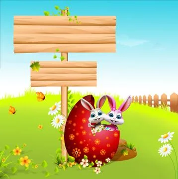 Easter Bunny inside red egg near sign Ilustração Stock