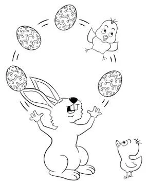 Easter bunny juggling with easter eggs and a chick Stock-Illustration