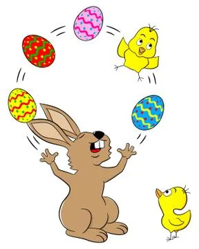 Easter bunny juggling with easter eggs and a chick Stock-Illustration