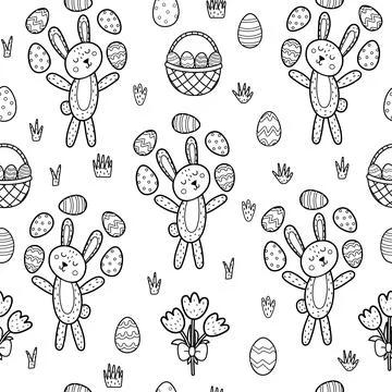 Easter bunny juggling eggs black and white seamless pattern Stockillustratie