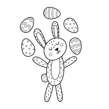 Easter bunny juggling eggs coloring page for kids. Cute springtime black and Stock Illustration