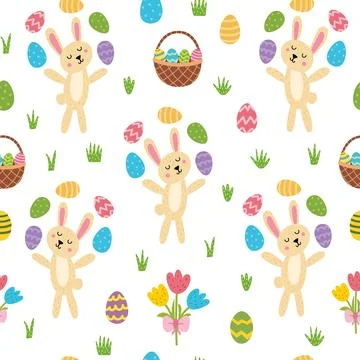 Easter bunny juggling eggs seamless pattern. Cute springtime background with Illustrazione stock